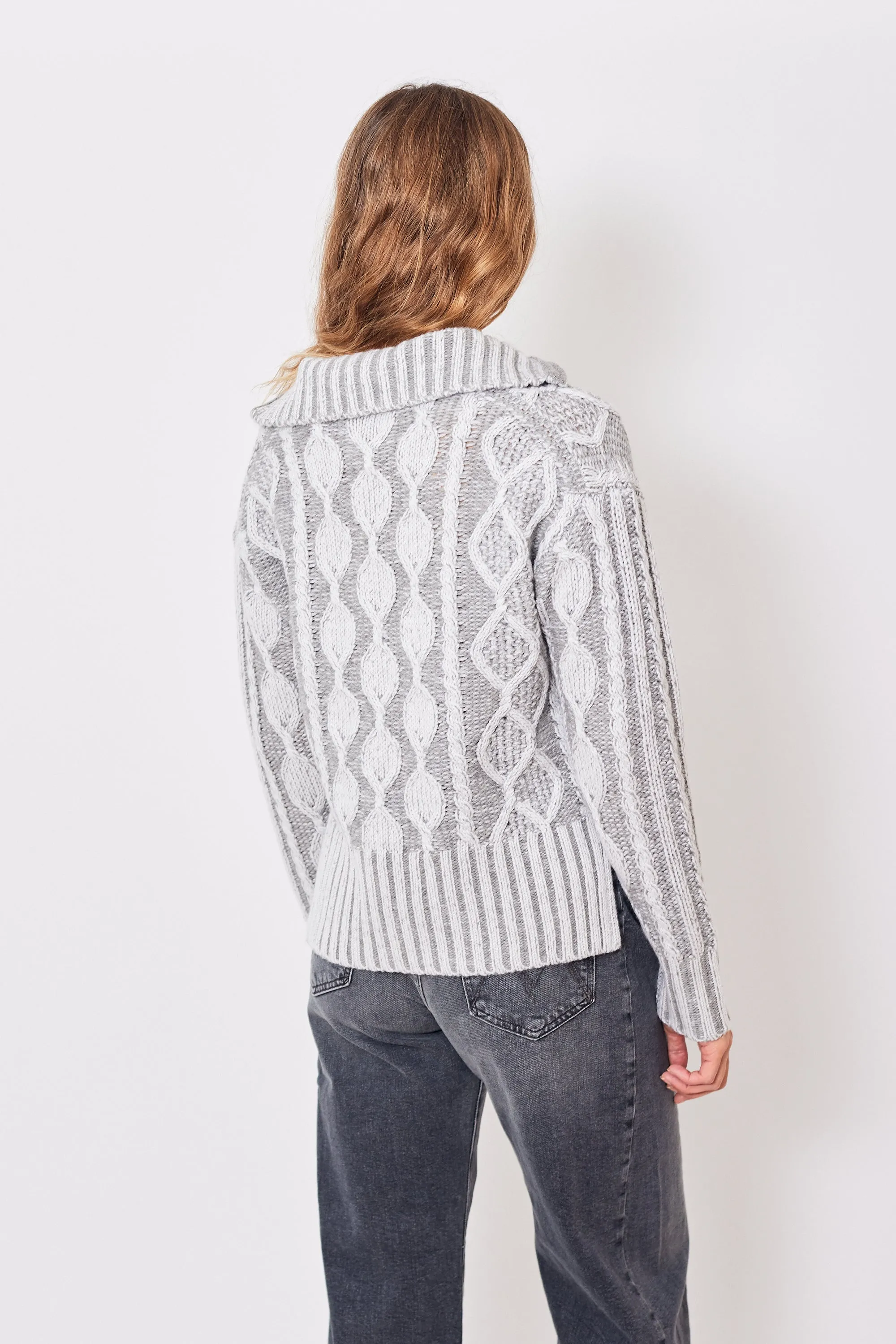 Allude Two Tone Multi Knit High Neck Half Zip Sweater