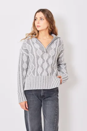 Allude Two Tone Multi Knit High Neck Half Zip Sweater