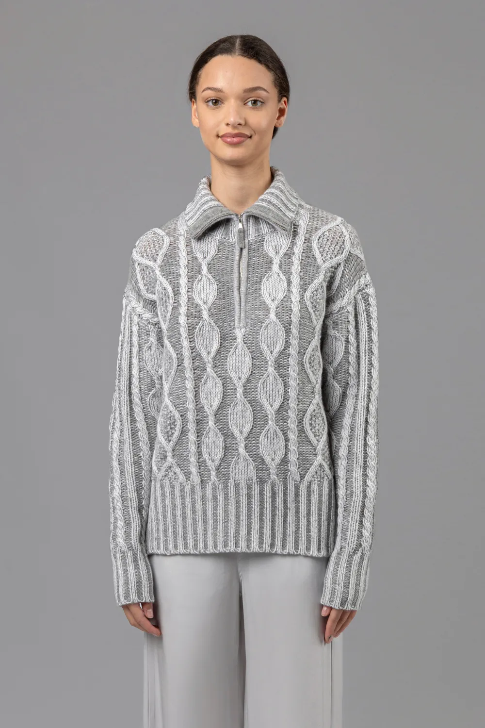 Allude Two Tone Multi Knit High Neck Half Zip Sweater