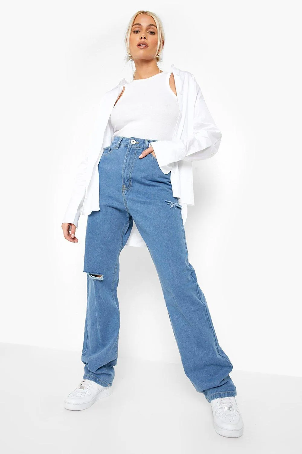 Basics High Waist Ripped Boyfriend Jeans