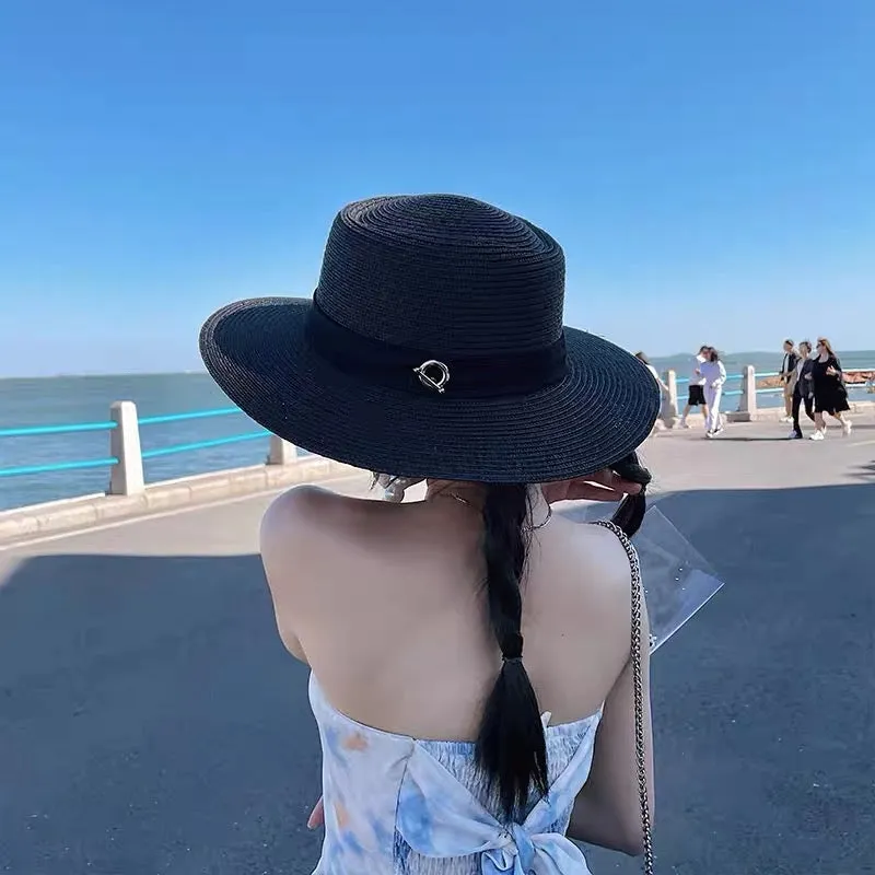 Black braided flat top raffia hat for women summer sun protection hat flat brim pearl French retro elegant hat