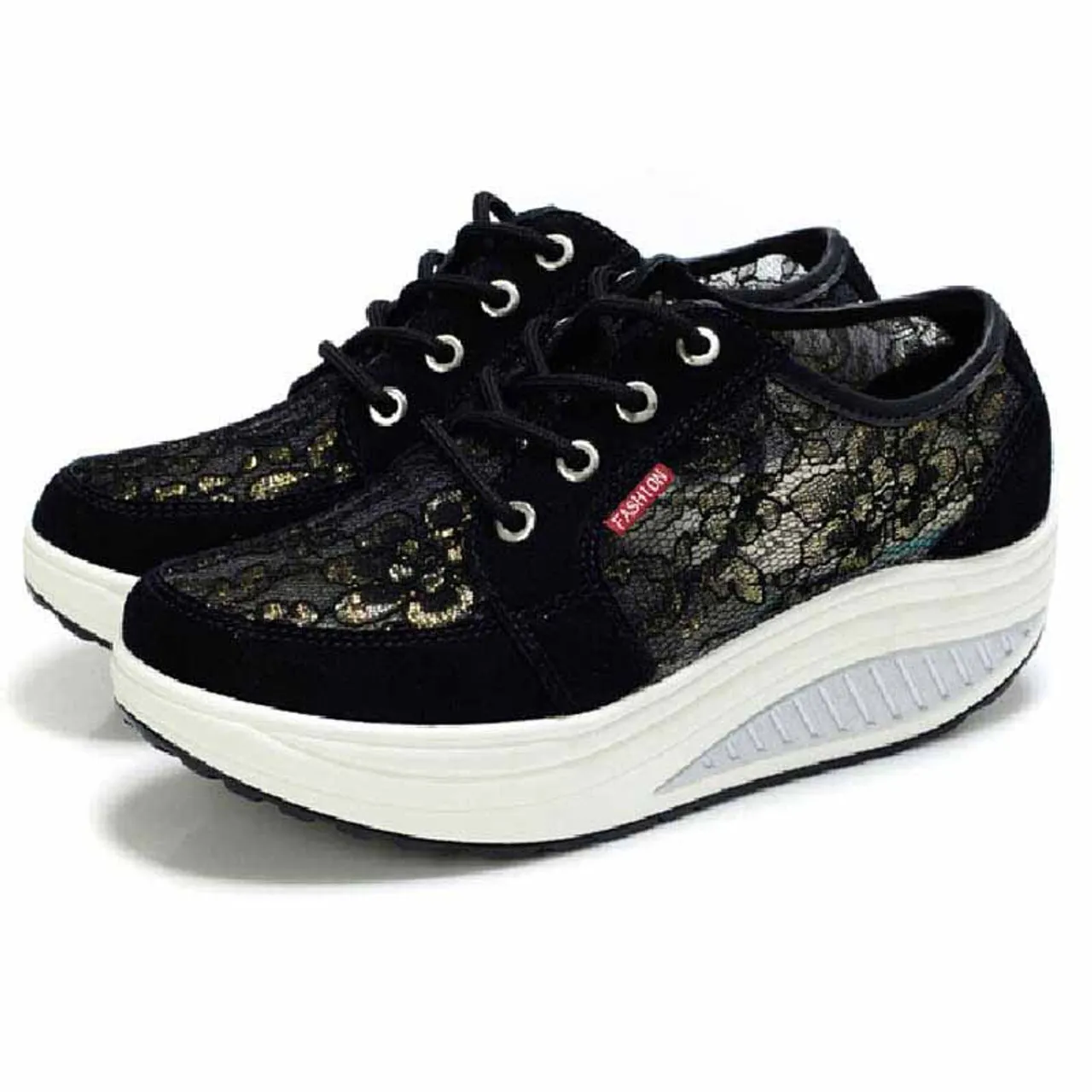 Black floral lace rocker bottom shoe sneaker