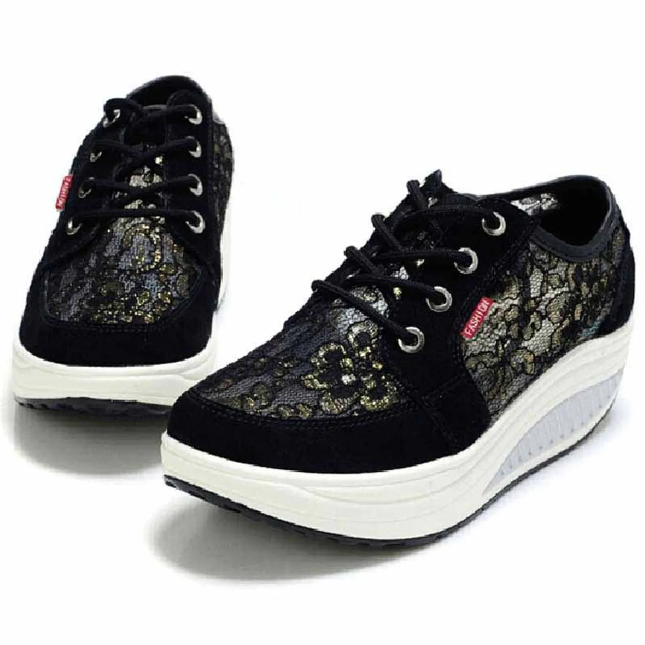 Black floral lace rocker bottom shoe sneaker