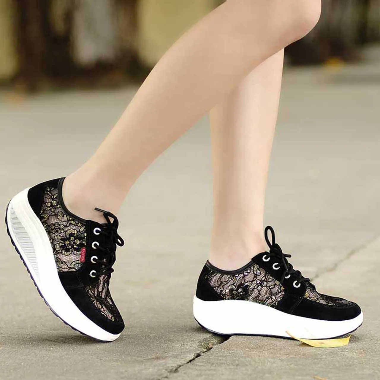 Black floral lace rocker bottom shoe sneaker