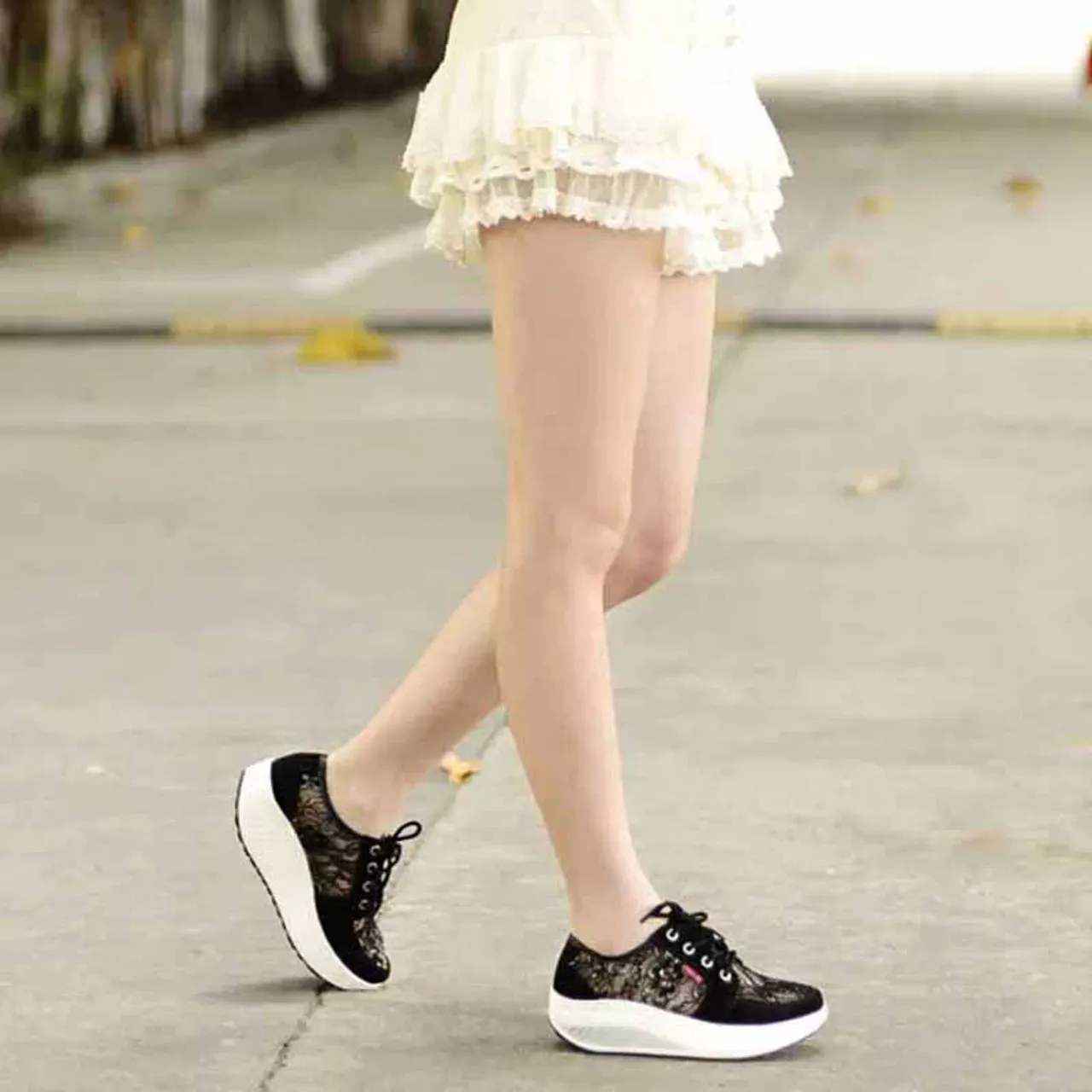 Black floral lace rocker bottom shoe sneaker