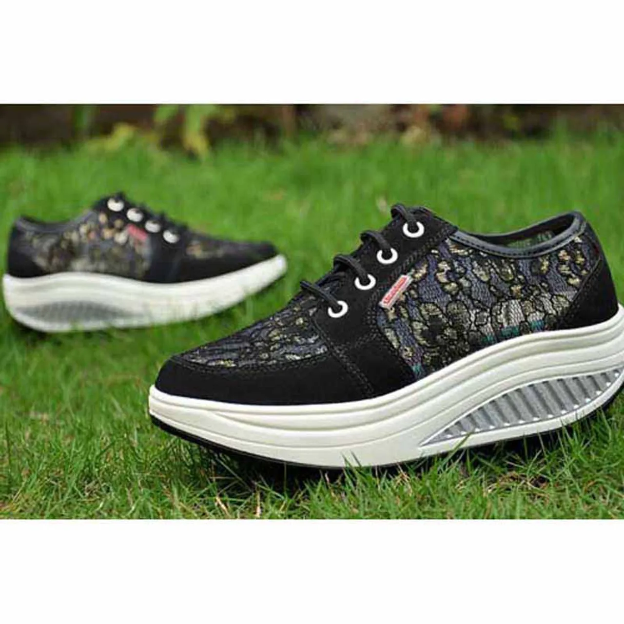 Black floral lace rocker bottom shoe sneaker