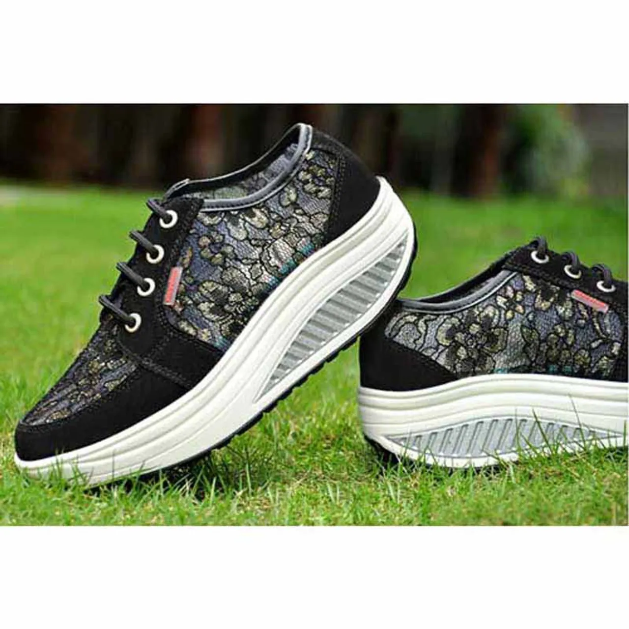 Black floral lace rocker bottom shoe sneaker