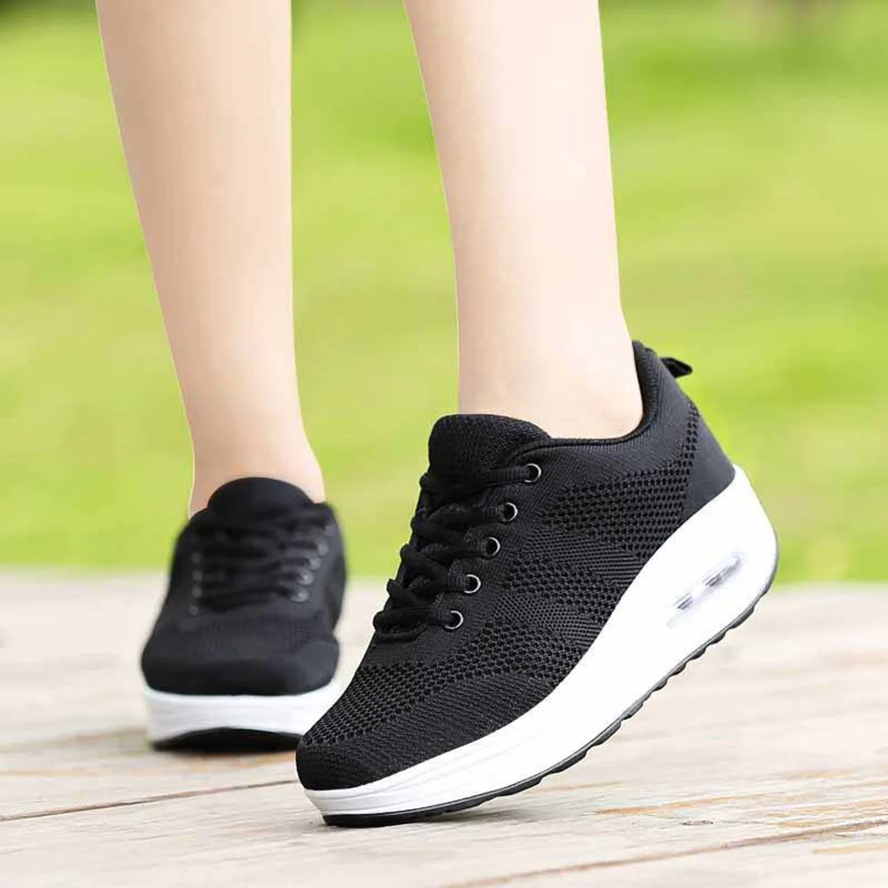 Black plain flyknit rocker bottom shoe sneaker