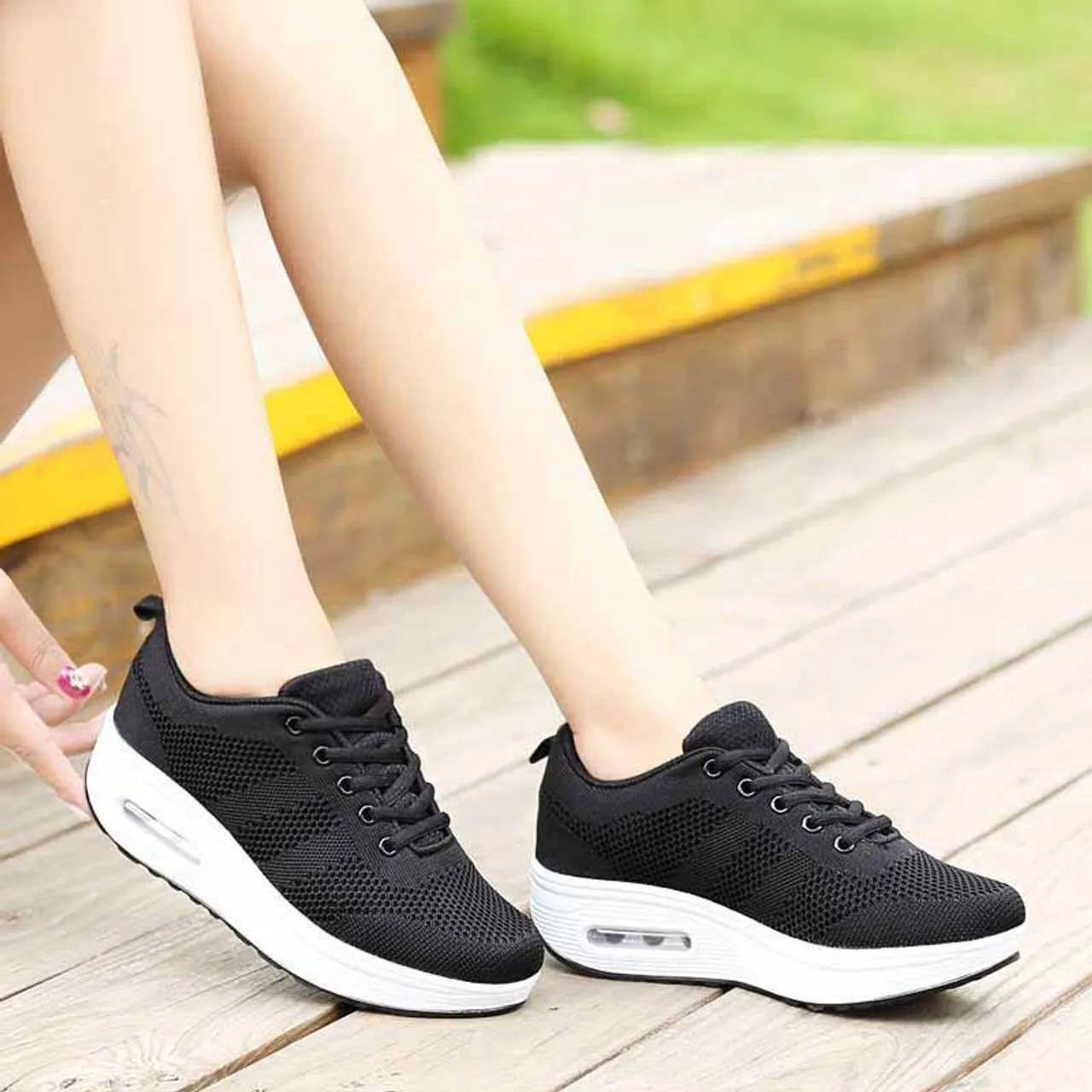 Black plain flyknit rocker bottom shoe sneaker