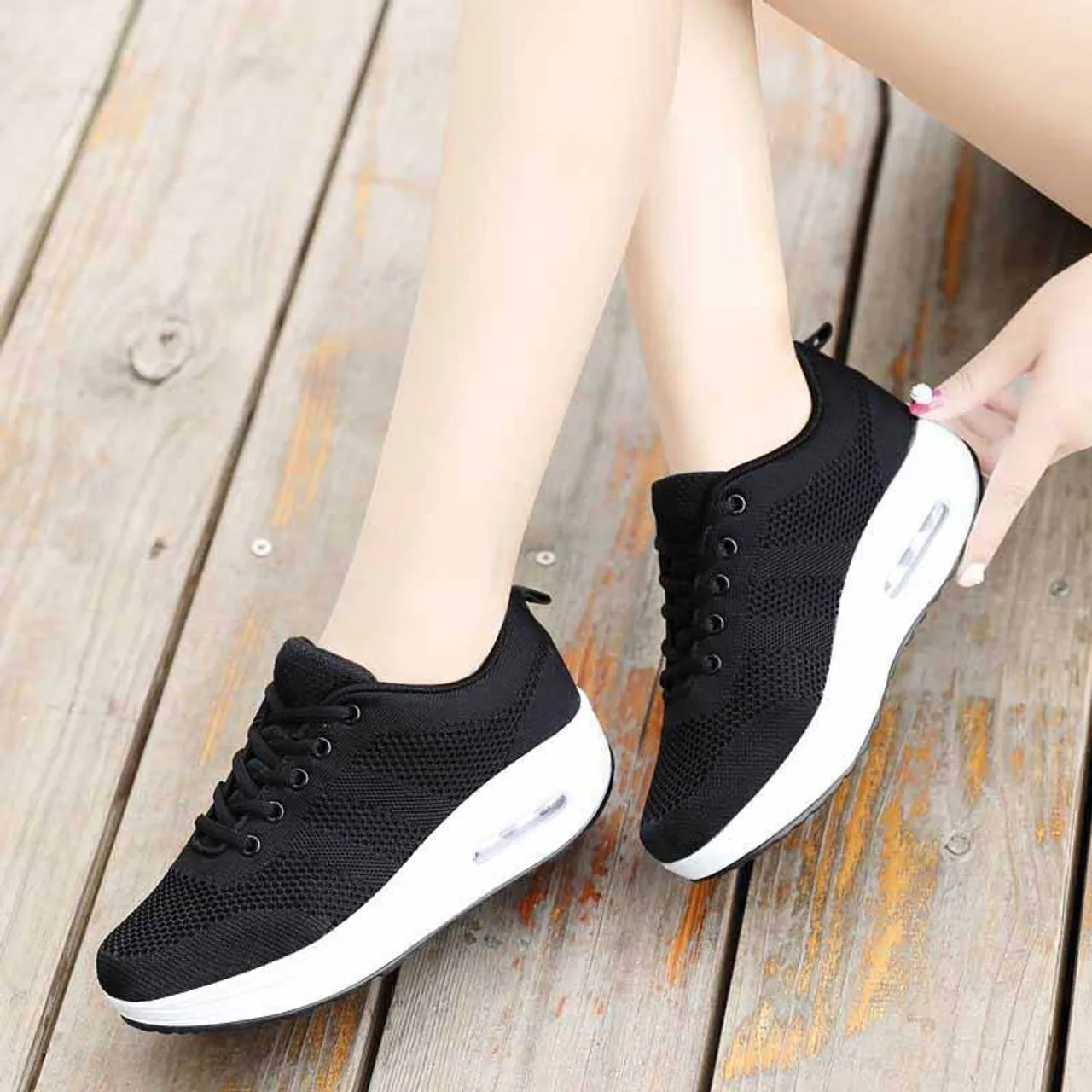 Black plain flyknit rocker bottom shoe sneaker