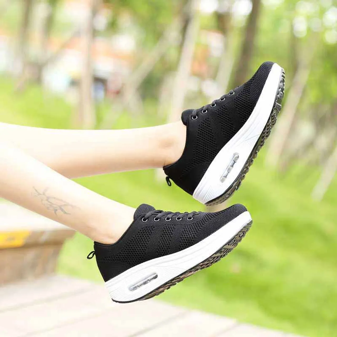 Black plain flyknit rocker bottom shoe sneaker