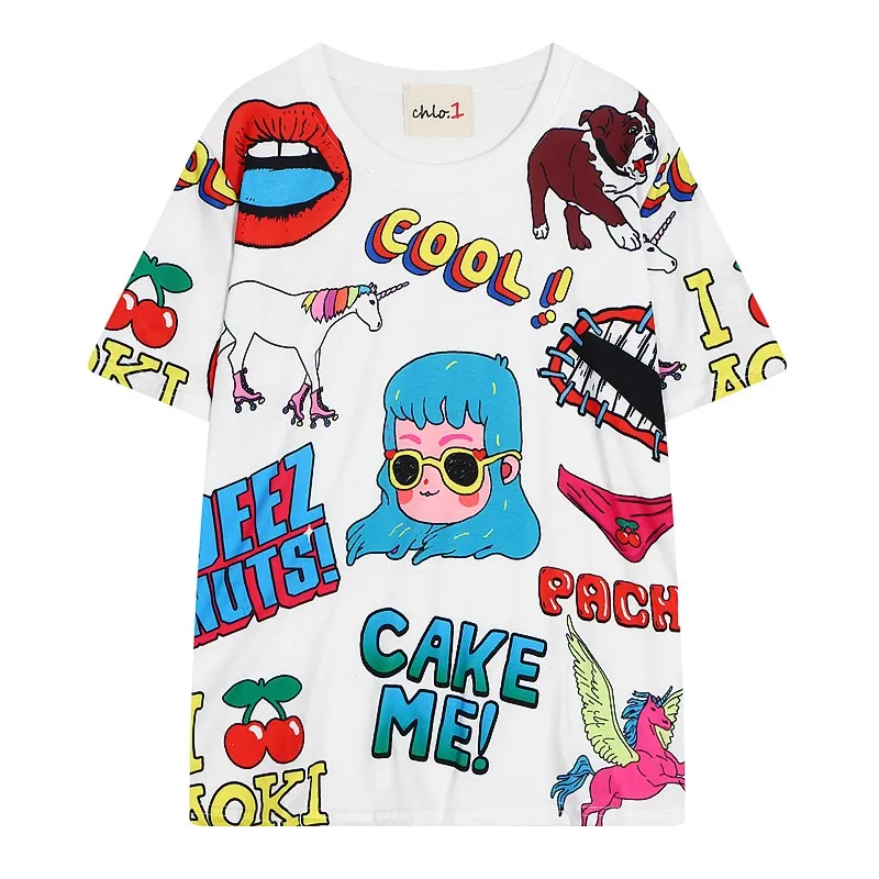 Blue White Harajuku Glasses Girl Unicorn Comic Funky Short Sleeves T Shirt Top