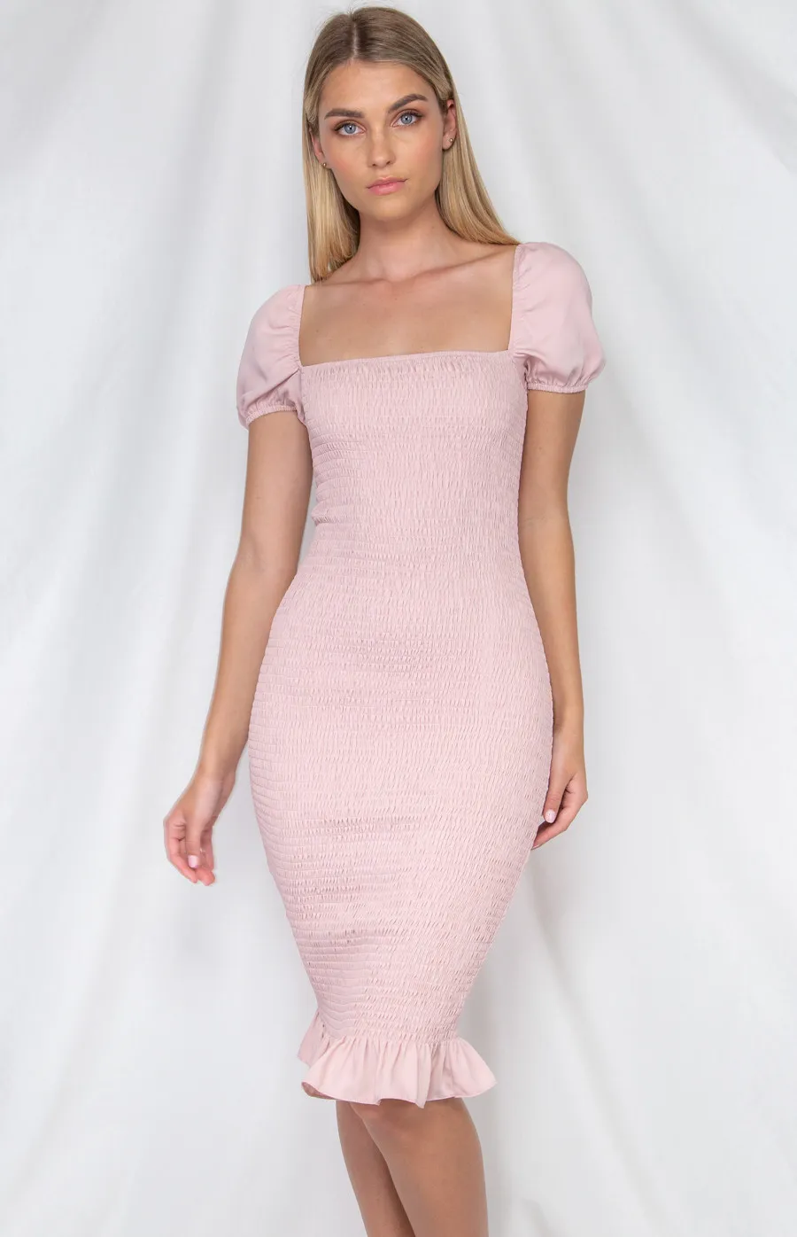 Bodycon Dress with Shirred Detail and Bubble Sleeves (WDR200A)