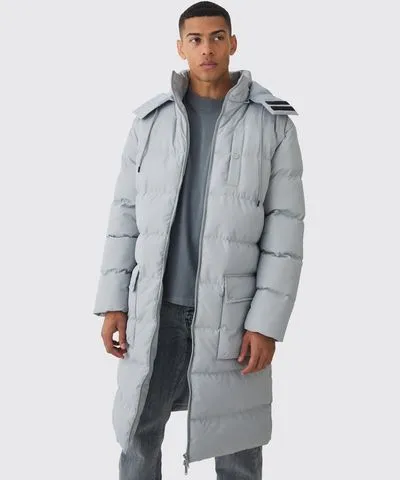 boohooMAN Mens Longline Hooded Puffer Coat In Grey