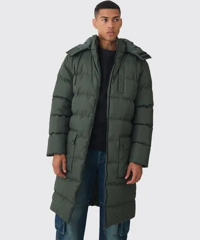 boohooMAN Mens Longline Hooded Puffer Coat In Khaki