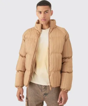 boohooMAN Mens Pleated Funnel Neck Puffer Coat In Camel