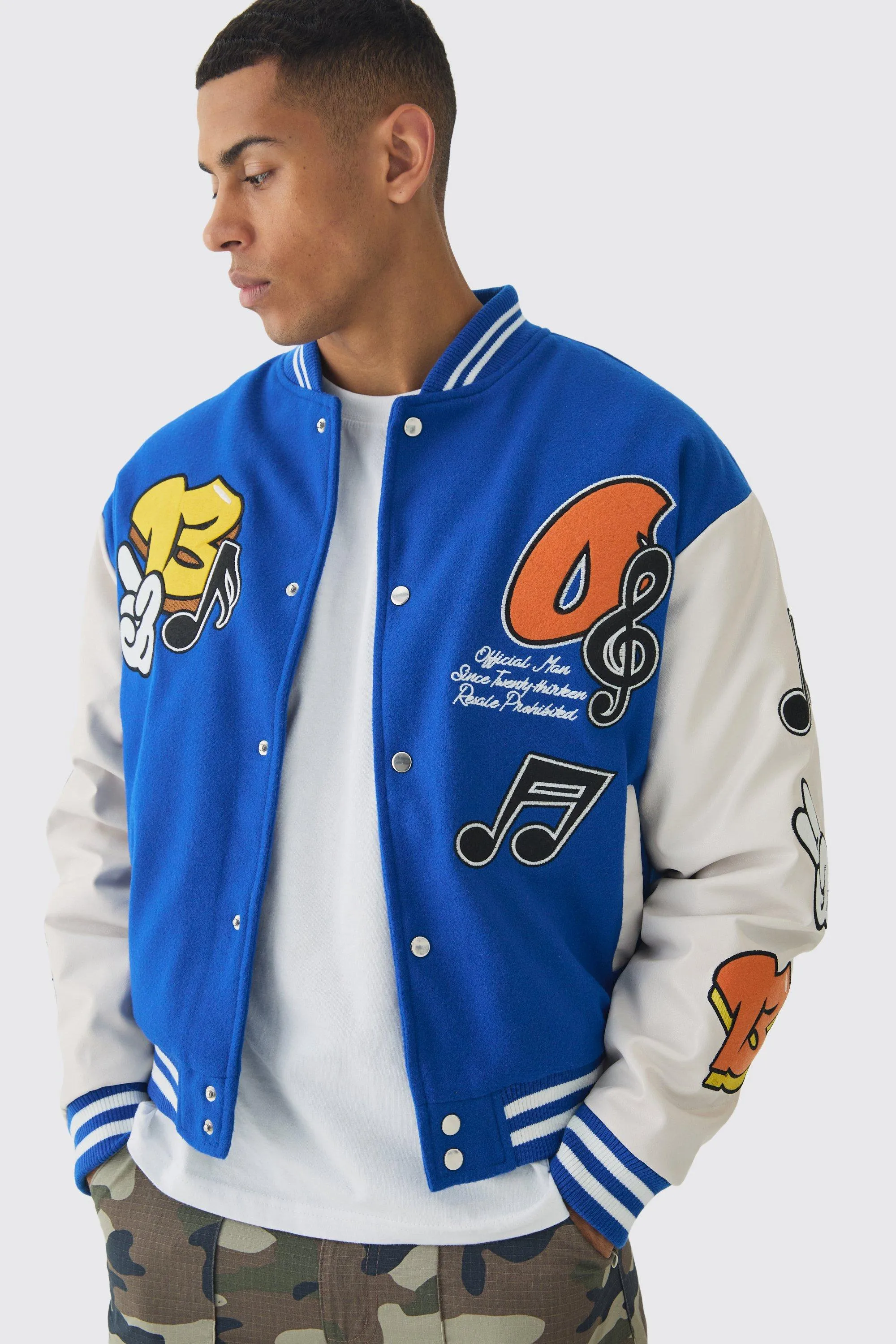 Boxy OFCL Badge Varsity Jacket in Blue