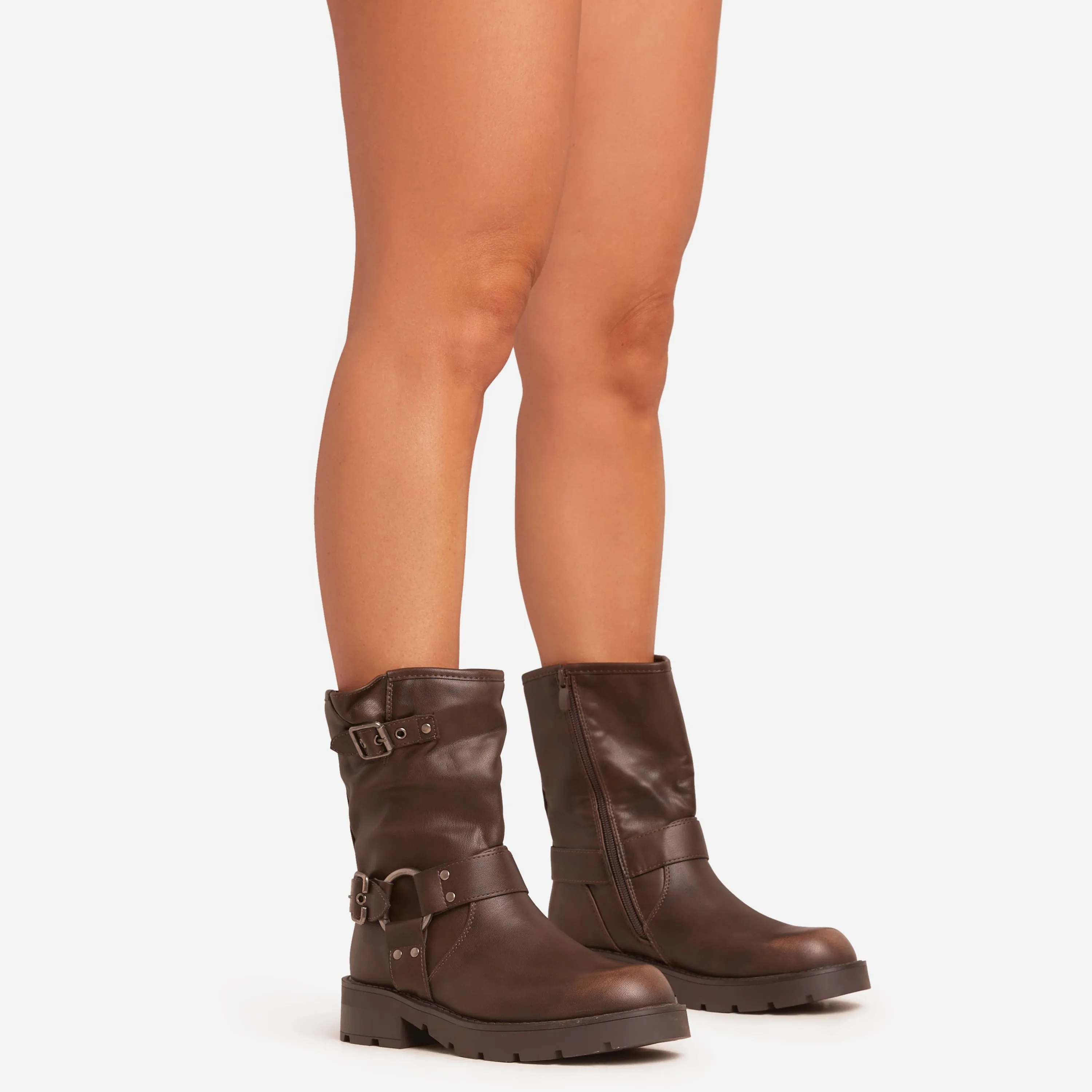 Brooks Buckle Ring Detail Ankle Biker Boot In Brown Faux Leather