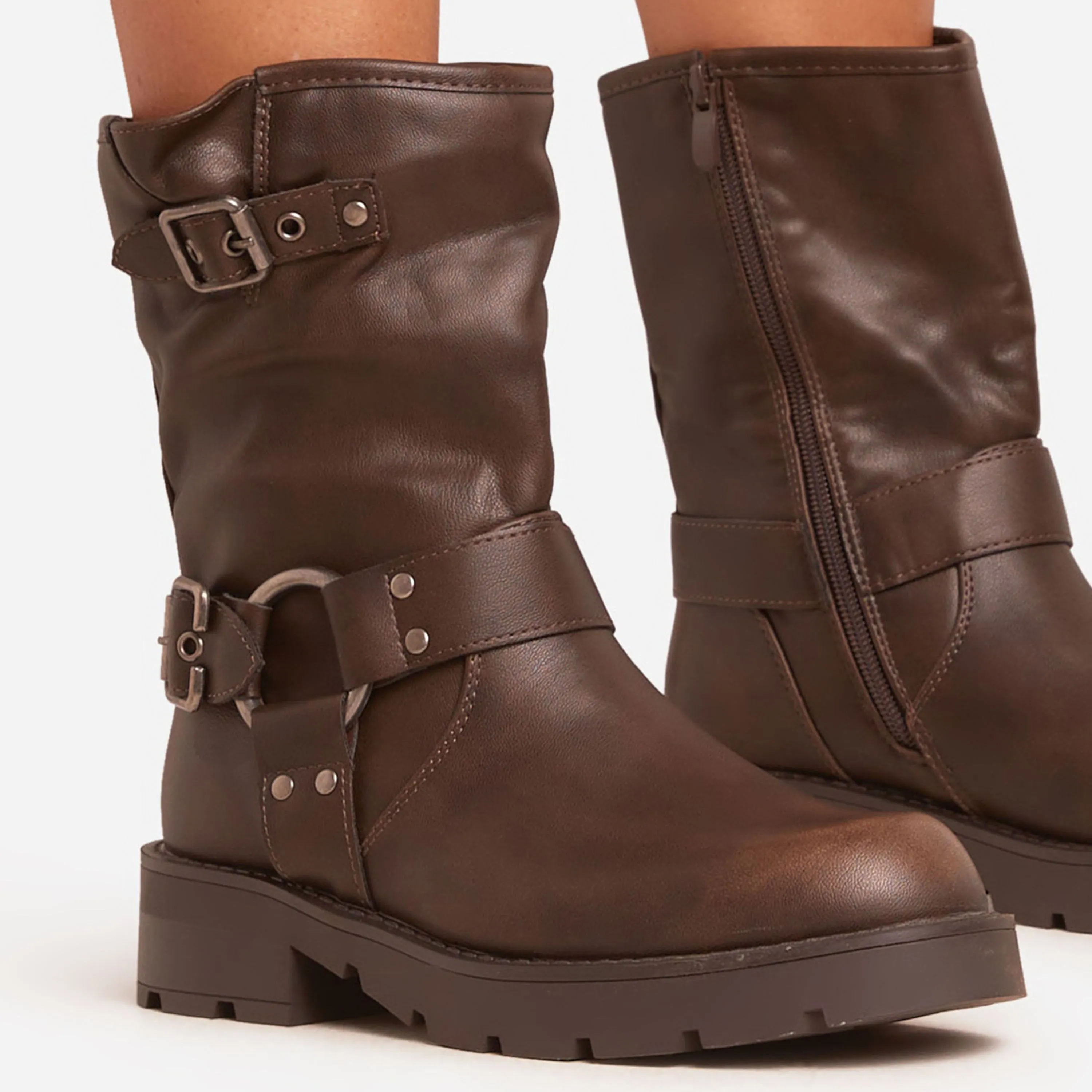 Brooks Buckle Ring Detail Ankle Biker Boot In Brown Faux Leather