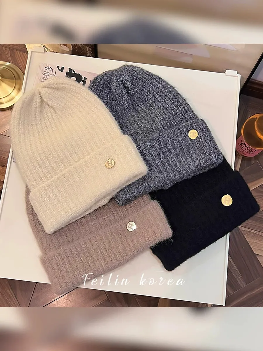 Cashmere Knitted Hat Women's 2023 New Wool Hat Autumn and Winter Warmth Ear Protection Internet Celebrity Pile Hat Big Head Circ