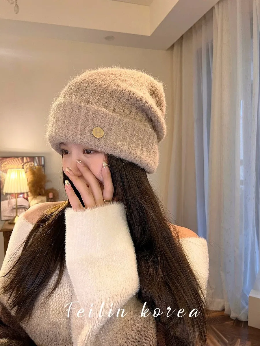 Cashmere Knitted Hat Women's 2023 New Wool Hat Autumn and Winter Warmth Ear Protection Internet Celebrity Pile Hat Big Head Circ