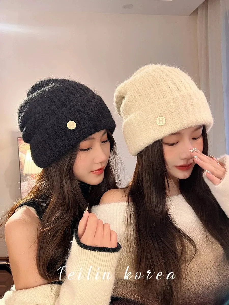 Cashmere Knitted Hat Women's 2023 New Wool Hat Autumn and Winter Warmth Ear Protection Internet Celebrity Pile Hat Big Head Circ