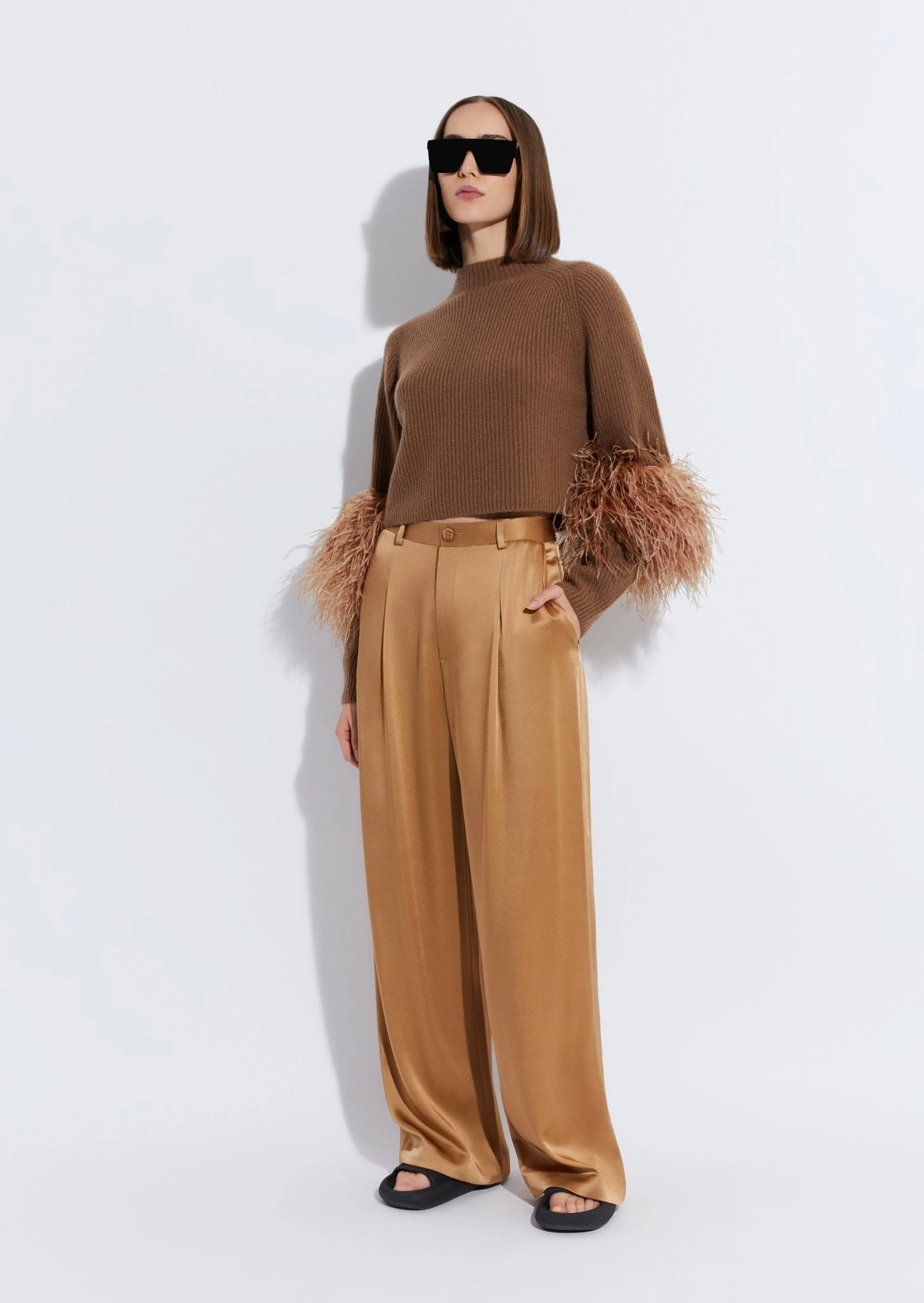 		Cashmere Silk Cropped Raglan Sweater With Feathers	