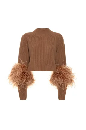 		Cashmere Silk Cropped Raglan Sweater With Feathers	