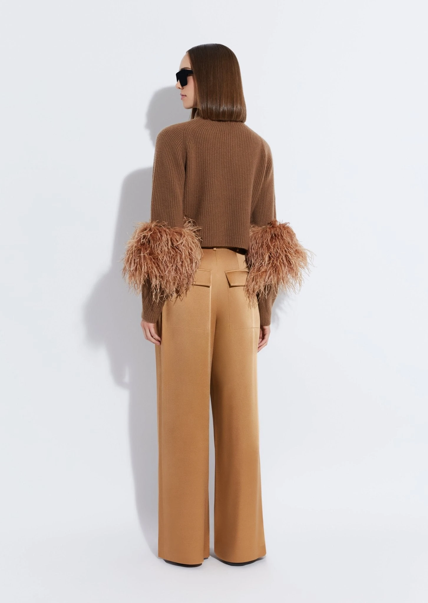 		Cashmere Silk Cropped Raglan Sweater With Feathers	