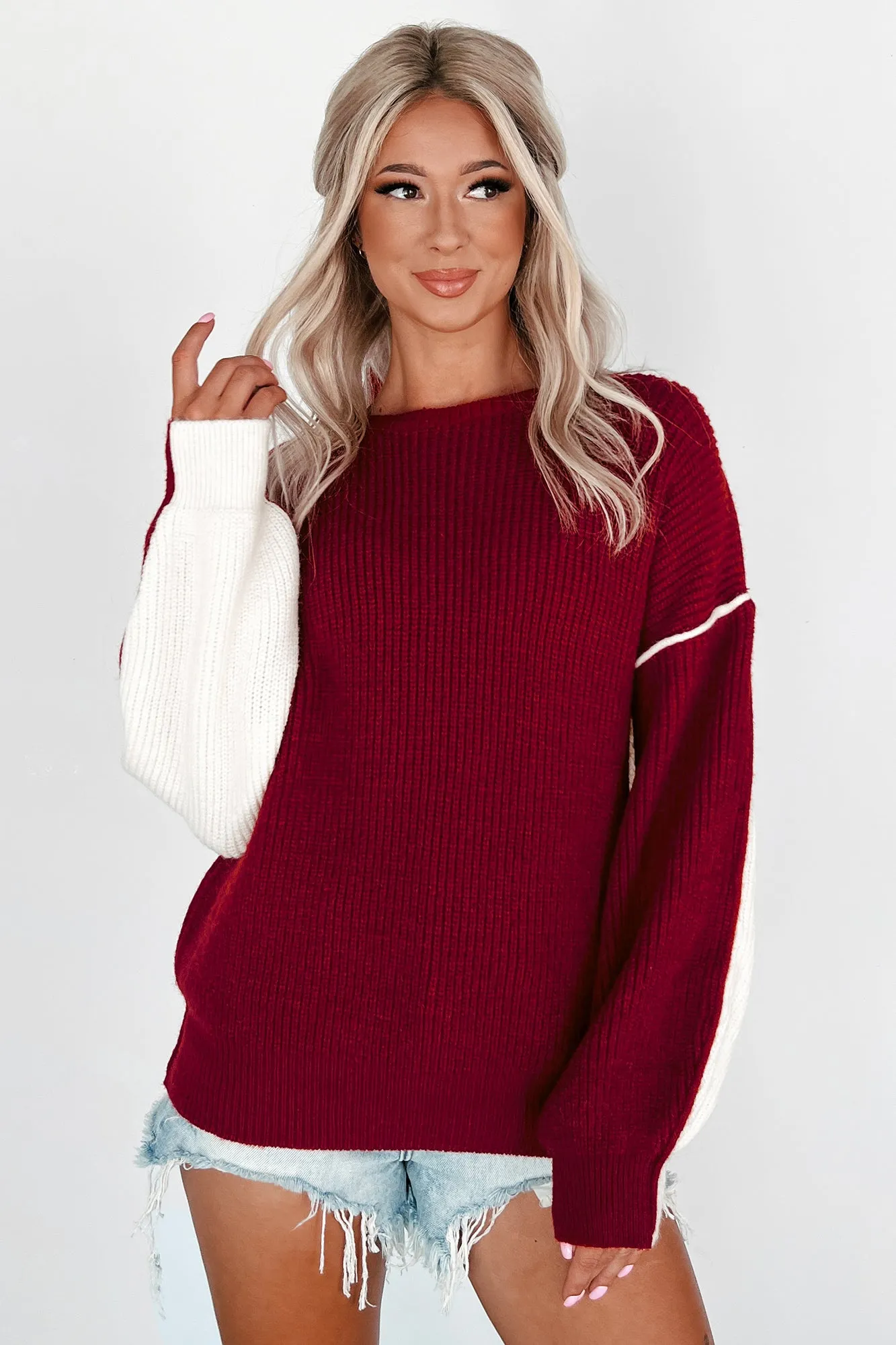 Competitively Cute Colorblock Sweater (Burgundy/Ivory)