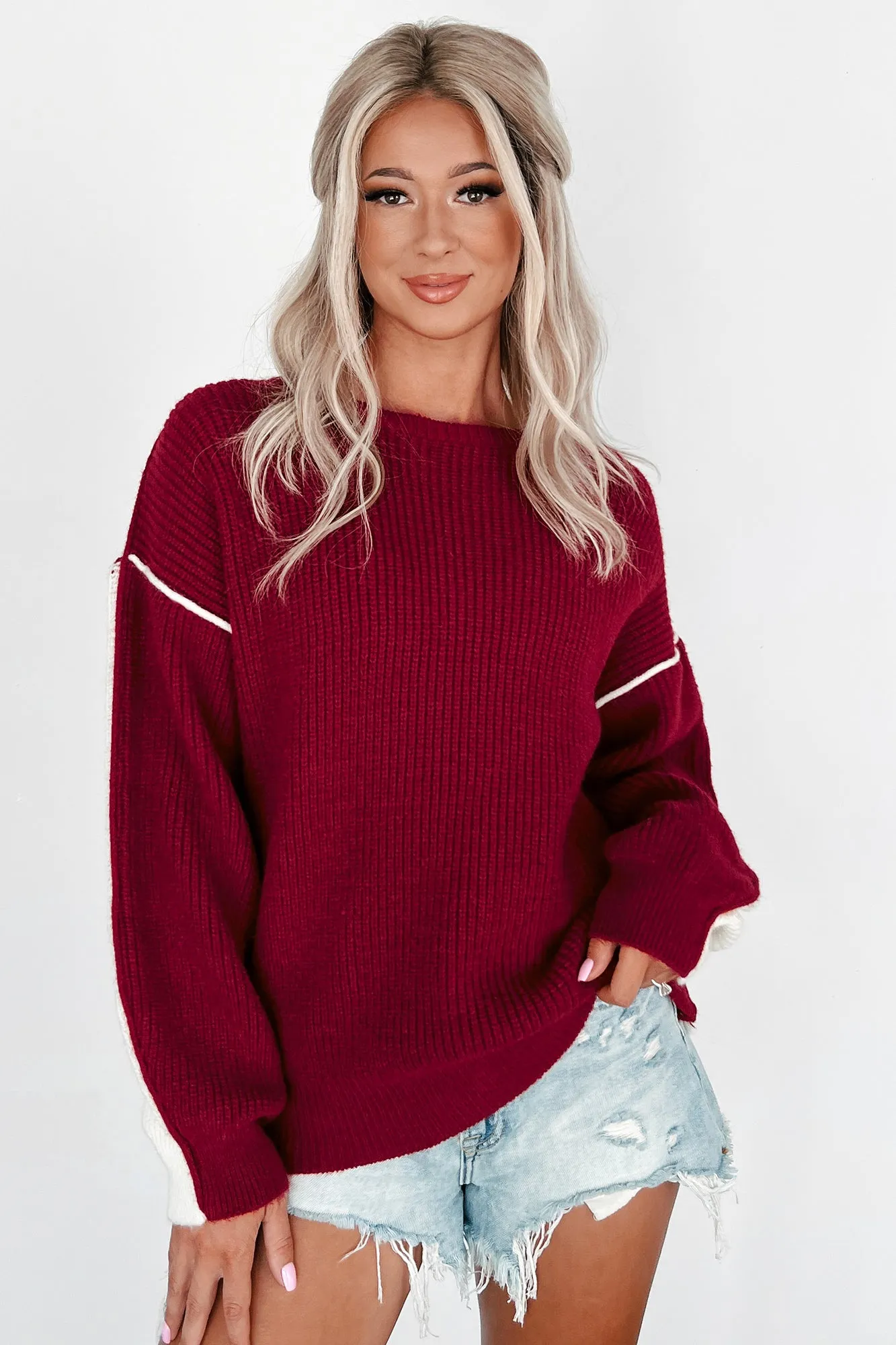 Competitively Cute Colorblock Sweater (Burgundy/Ivory)