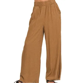 Crushing It Washed Frayed Hem Linen Pants Camel