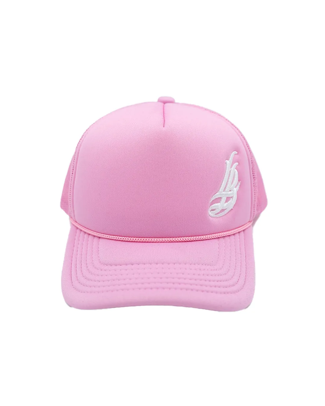 Cursive LB Pink Youth Foam Trucket Hat (Curved Brim)