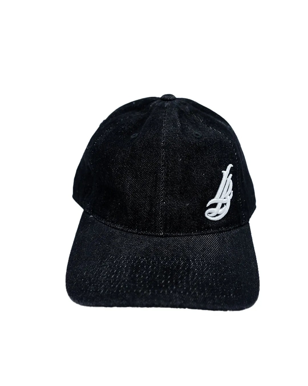 Cursive LB White On Black Denim Unstructured Dad Hat