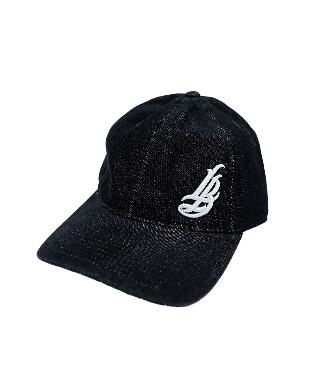 Cursive LB White On Black Denim Unstructured Dad Hat