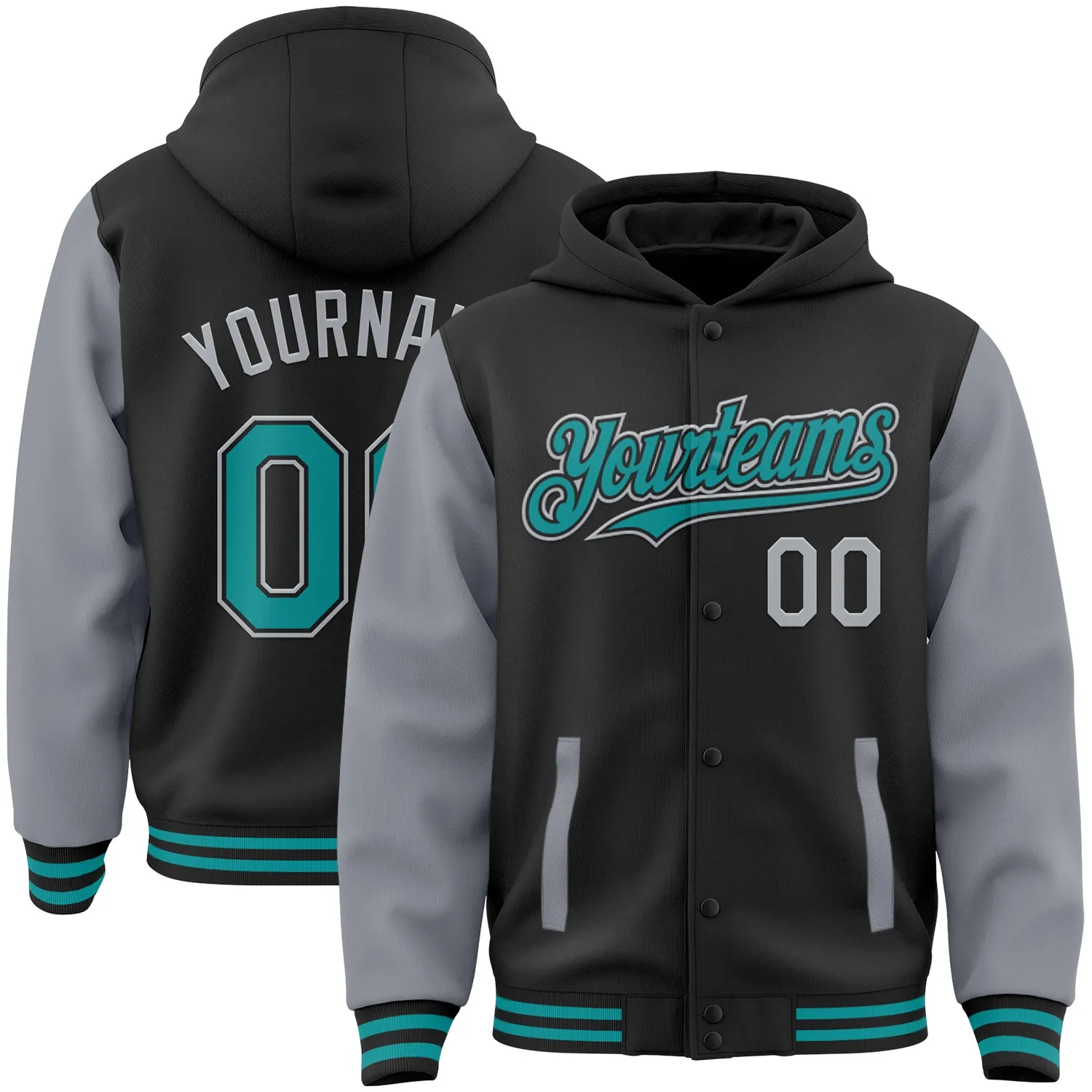 Custom Black Teal-Gray Bomber Full-Snap Varsity Letterman Two Tone Hoodie Jacket