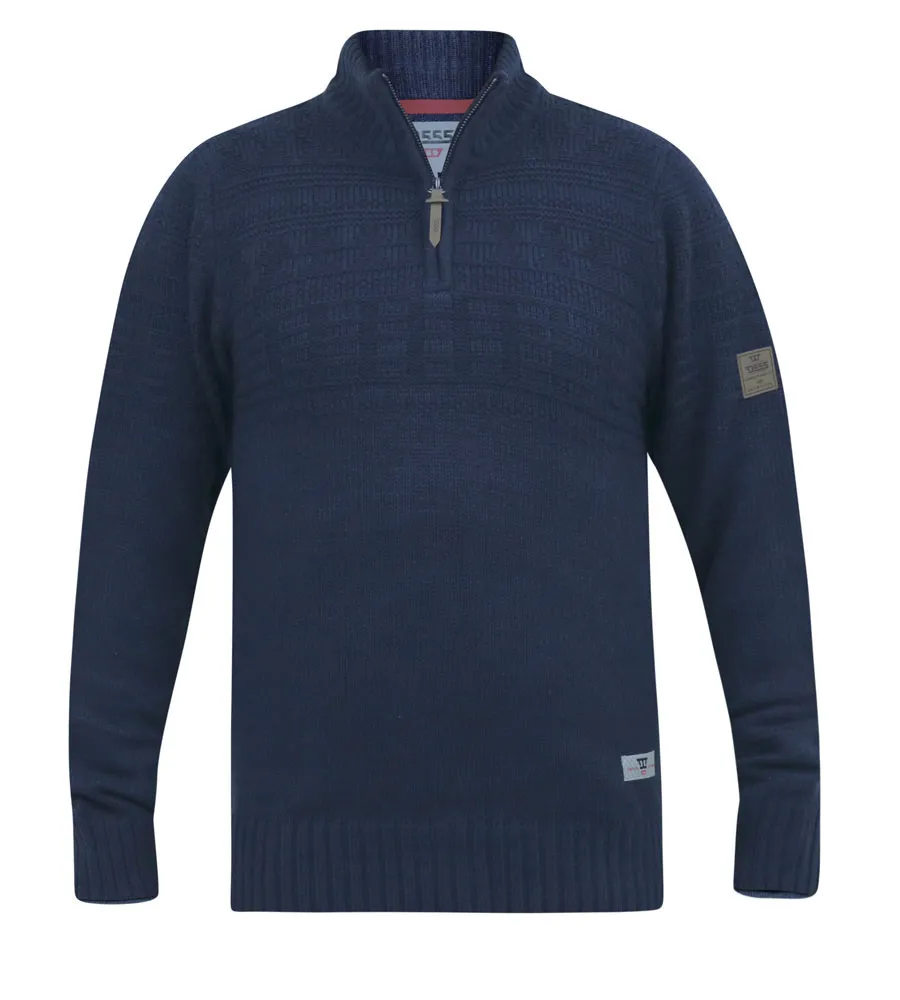 D555 Big Mens Navy Jacquard Knitted Jumper With 1/4 Zip (YATES)