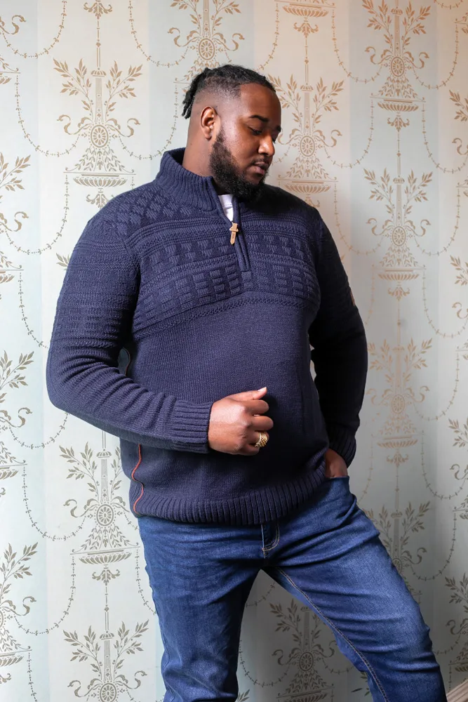 D555 Big Mens Navy Jacquard Knitted Jumper With 1/4 Zip (YATES)