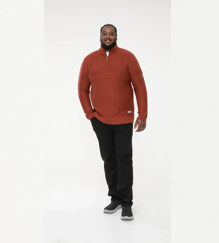 D555 Big Mens Rust Jacquard Knitted Jumper With 1/4 Zip (KELTON)