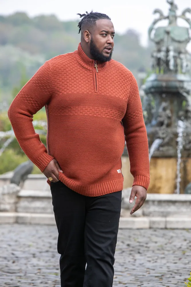 D555 Big Mens Rust Jacquard Knitted Jumper With 1/4 Zip (KELTON)