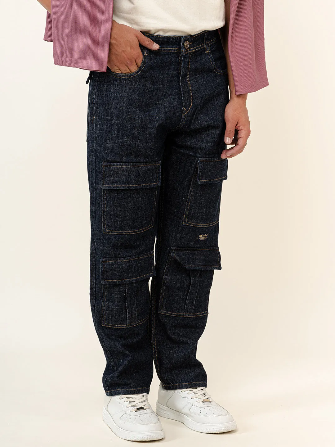 Dark Blue Cargo Baggy Fit Denim Jeans