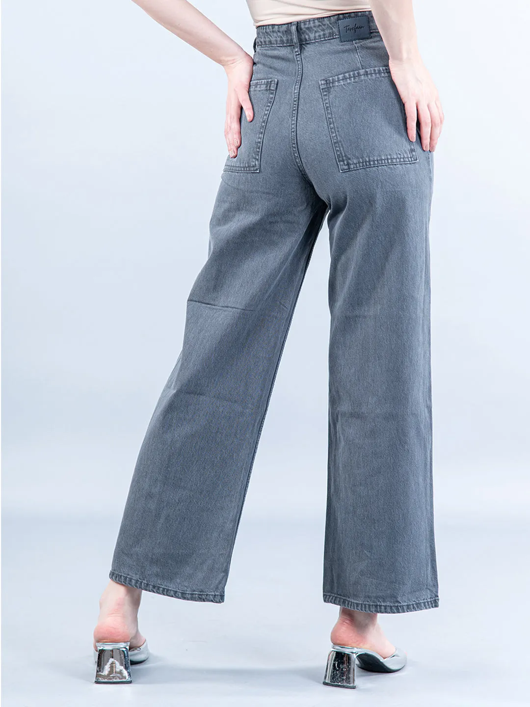 Dark Grey Pleated Flared Jeans For Women