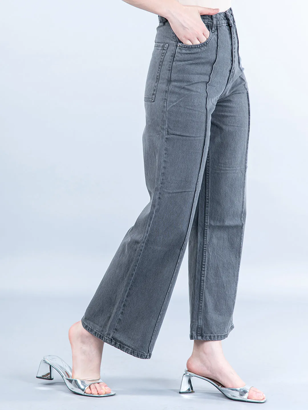 Dark Grey Pleated Flared Jeans For Women