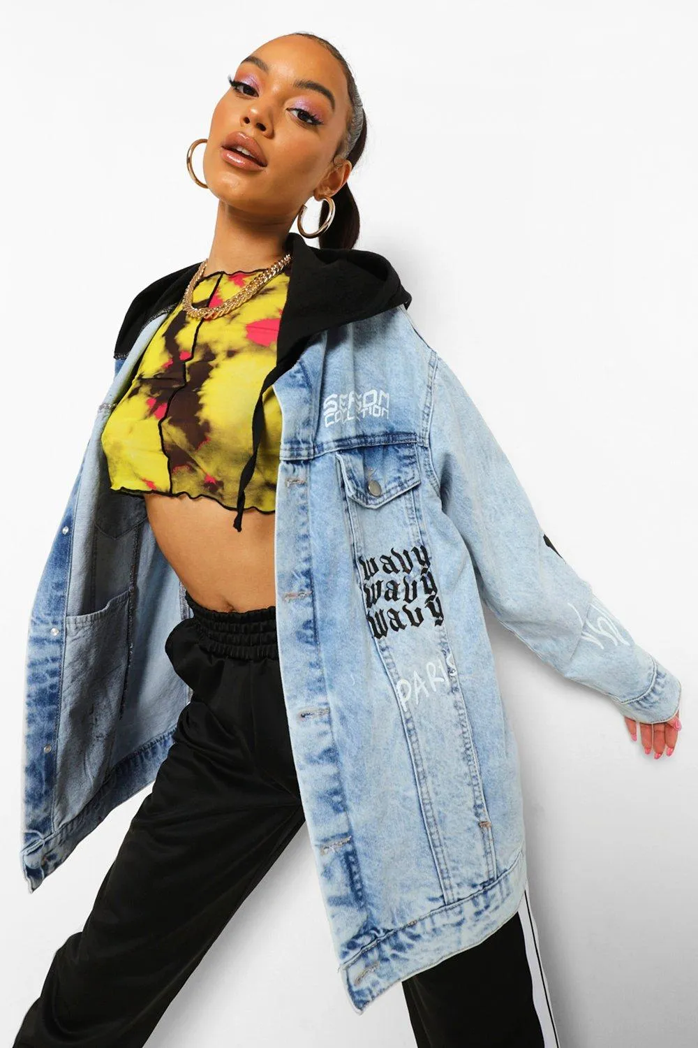 Denim Printed Jacket With Hood