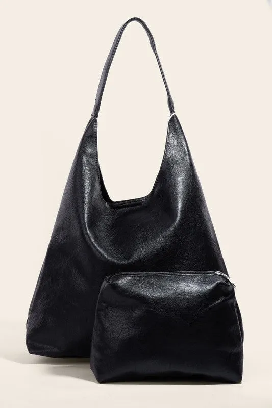 Faux Leather Tote & Cosmetic Bag (Black)