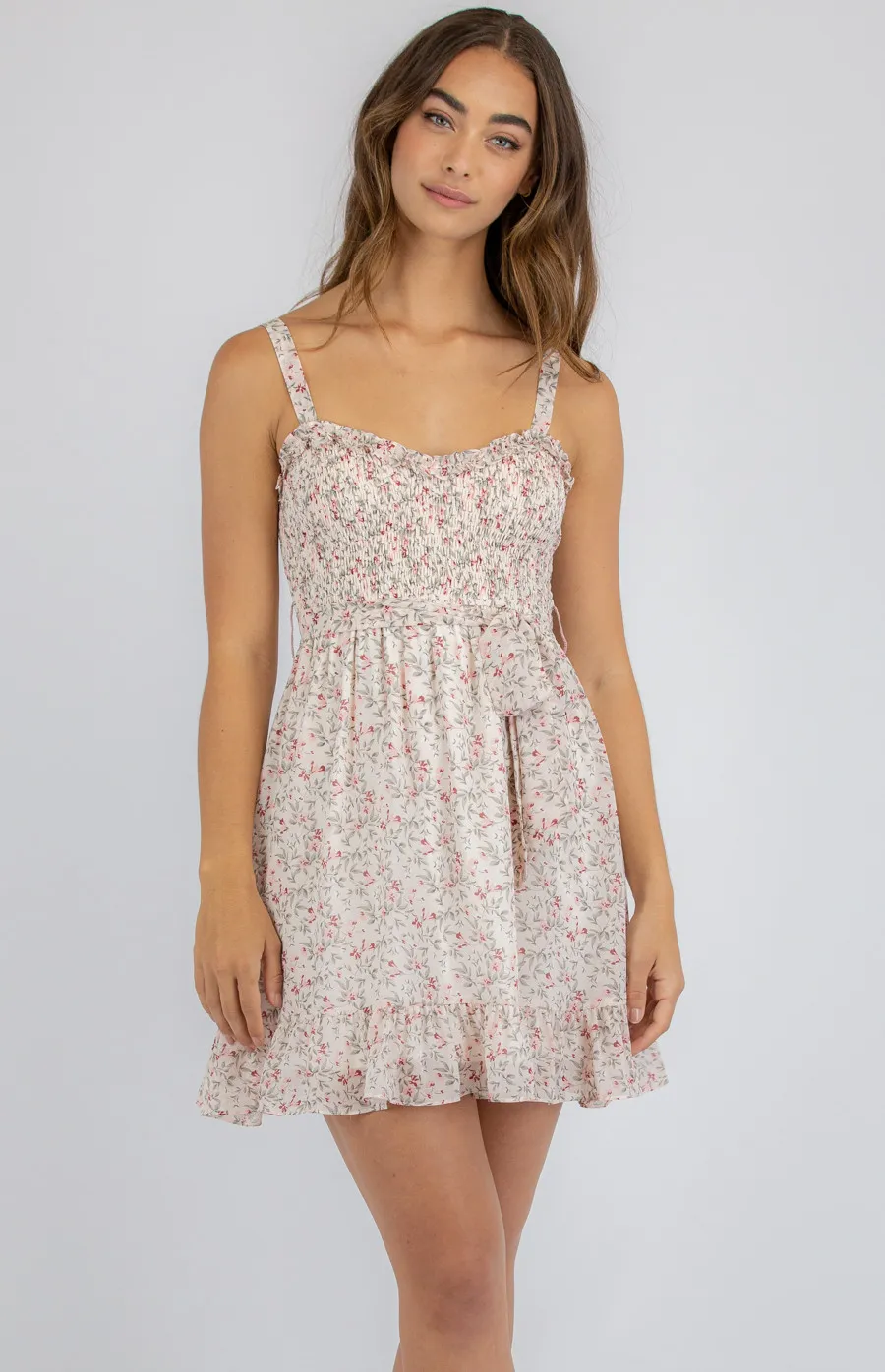 Floral Dress with Shirred Bodice and Frill Hem (SDR949A)