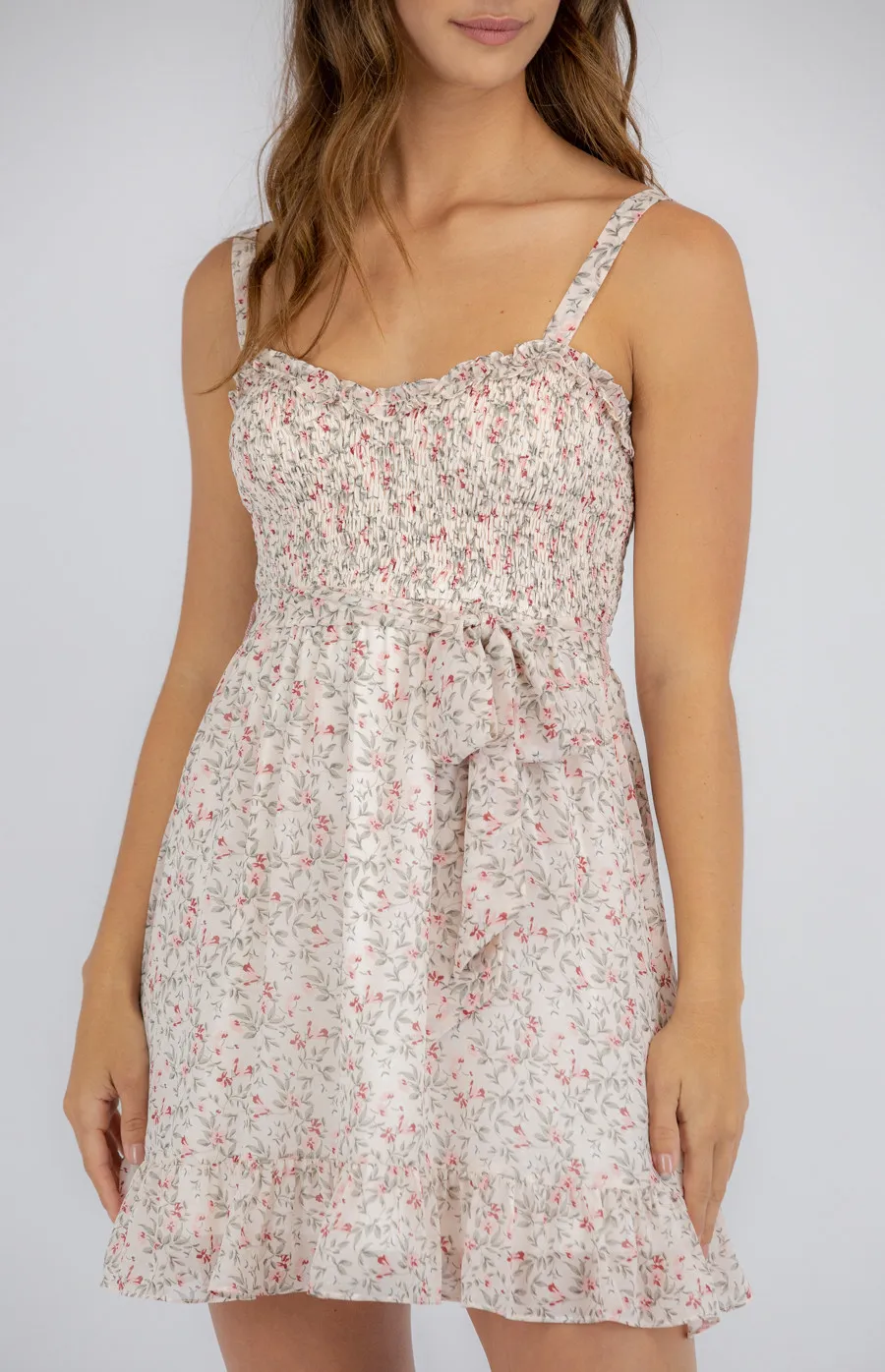 Floral Dress with Shirred Bodice and Frill Hem (SDR949A)