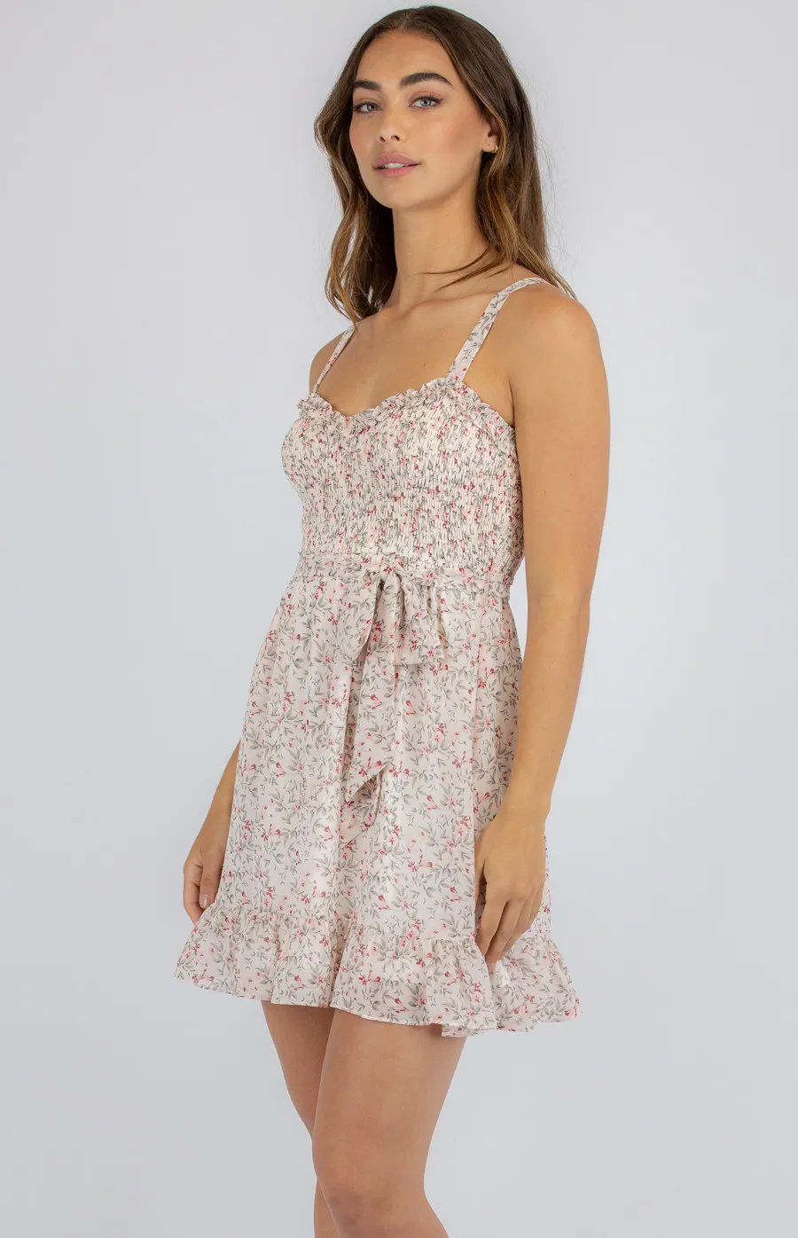 Floral Dress with Shirred Bodice and Frill Hem (SDR949A)