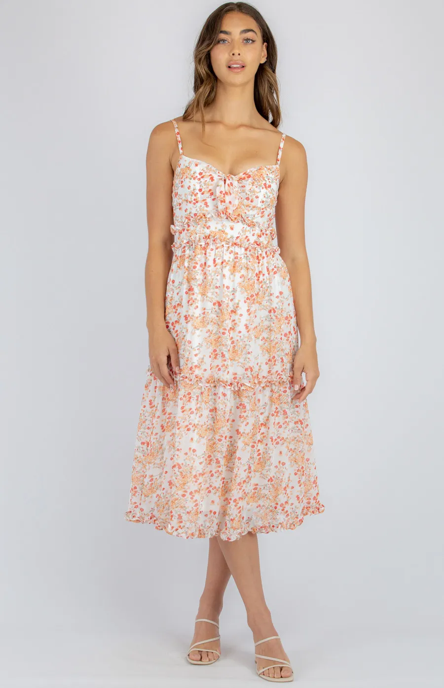 Floral Midi Tie Front Dress with Ruffle Details (SDR943A)