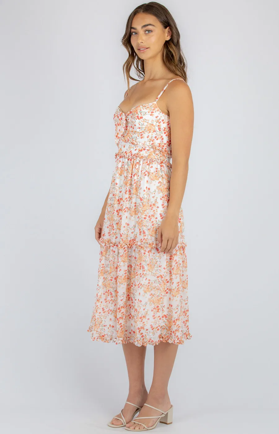 Floral Midi Tie Front Dress with Ruffle Details (SDR943A)